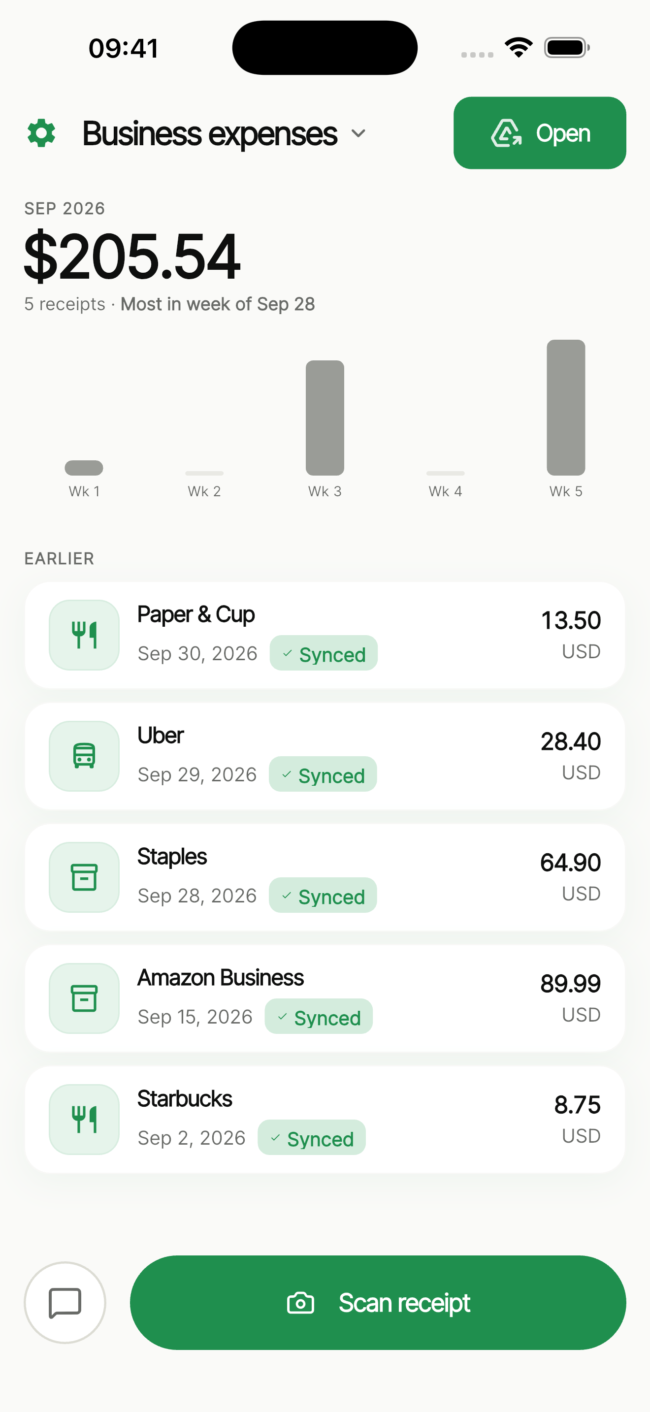 Sheetify app spending chart and sample receipt list